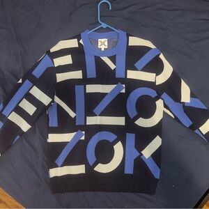 Kenzo Blue and White Crewneck Sweater with Geometric Design